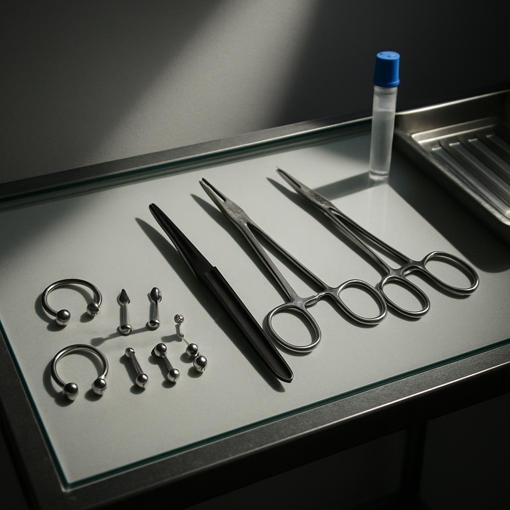 Stainless Steel body jewelry in laboratory setting. (stainless steel, vertical bars across chapter heading)